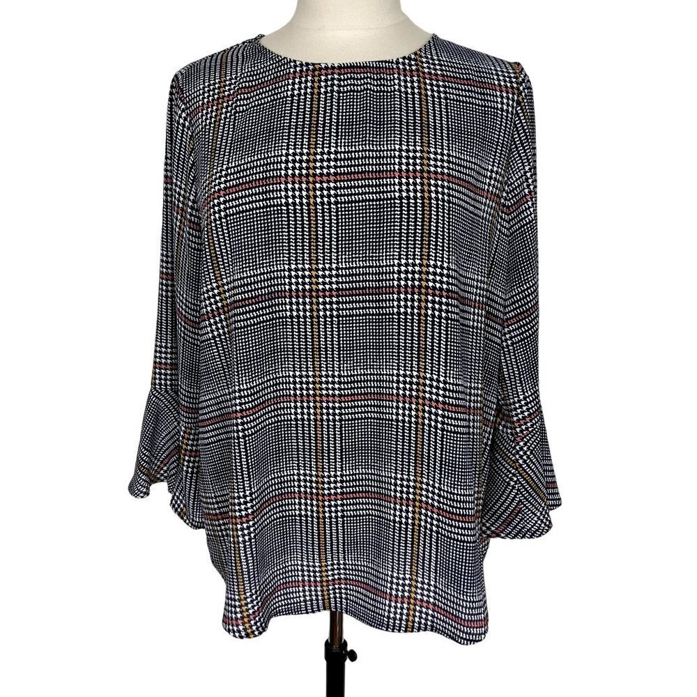 Charter Club Houndstooth Blouse Womens M Black White Top Flutter Sleeve